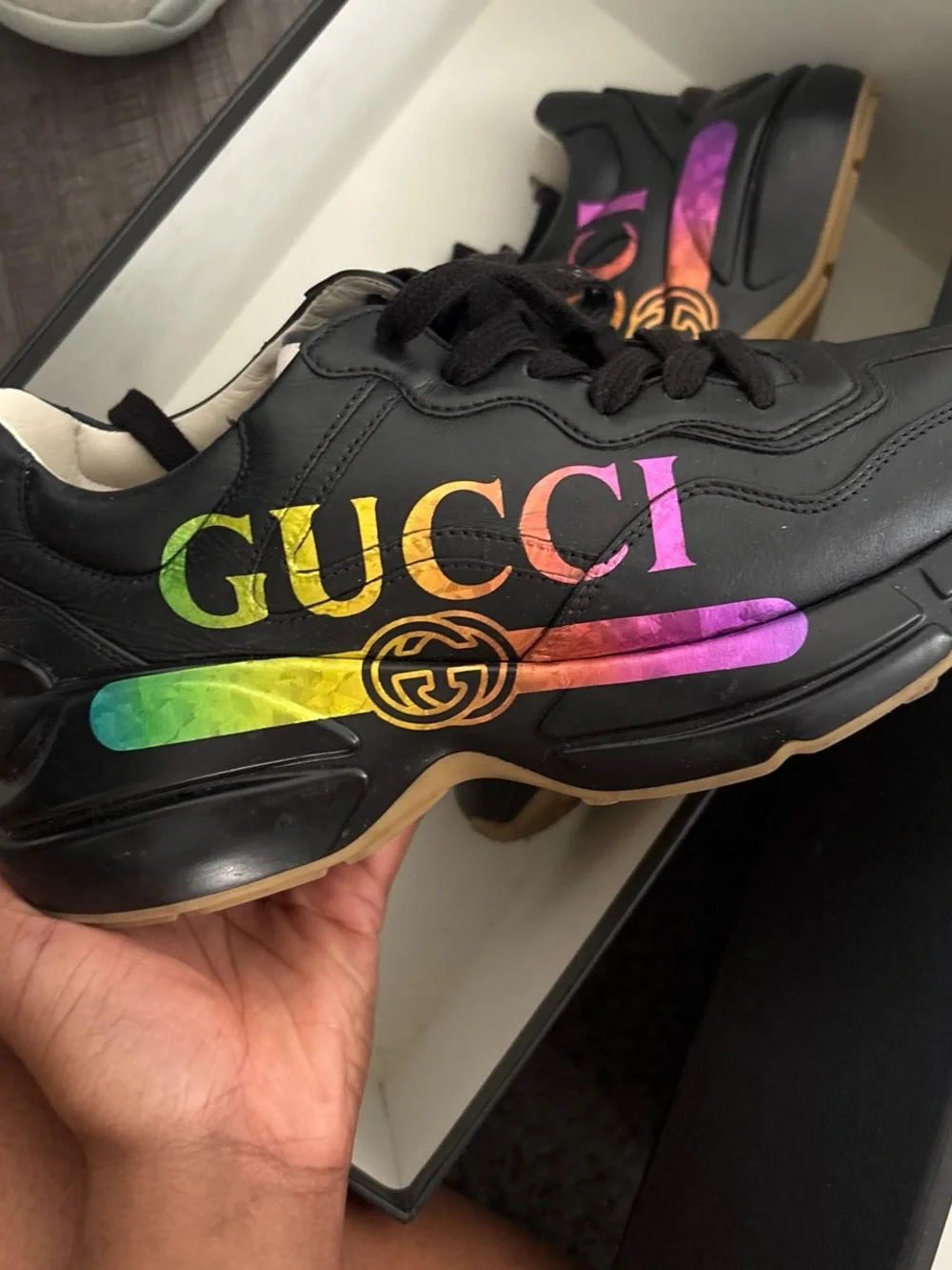 Gucci Black Leather Sneakers with Rainbow Logo Accents